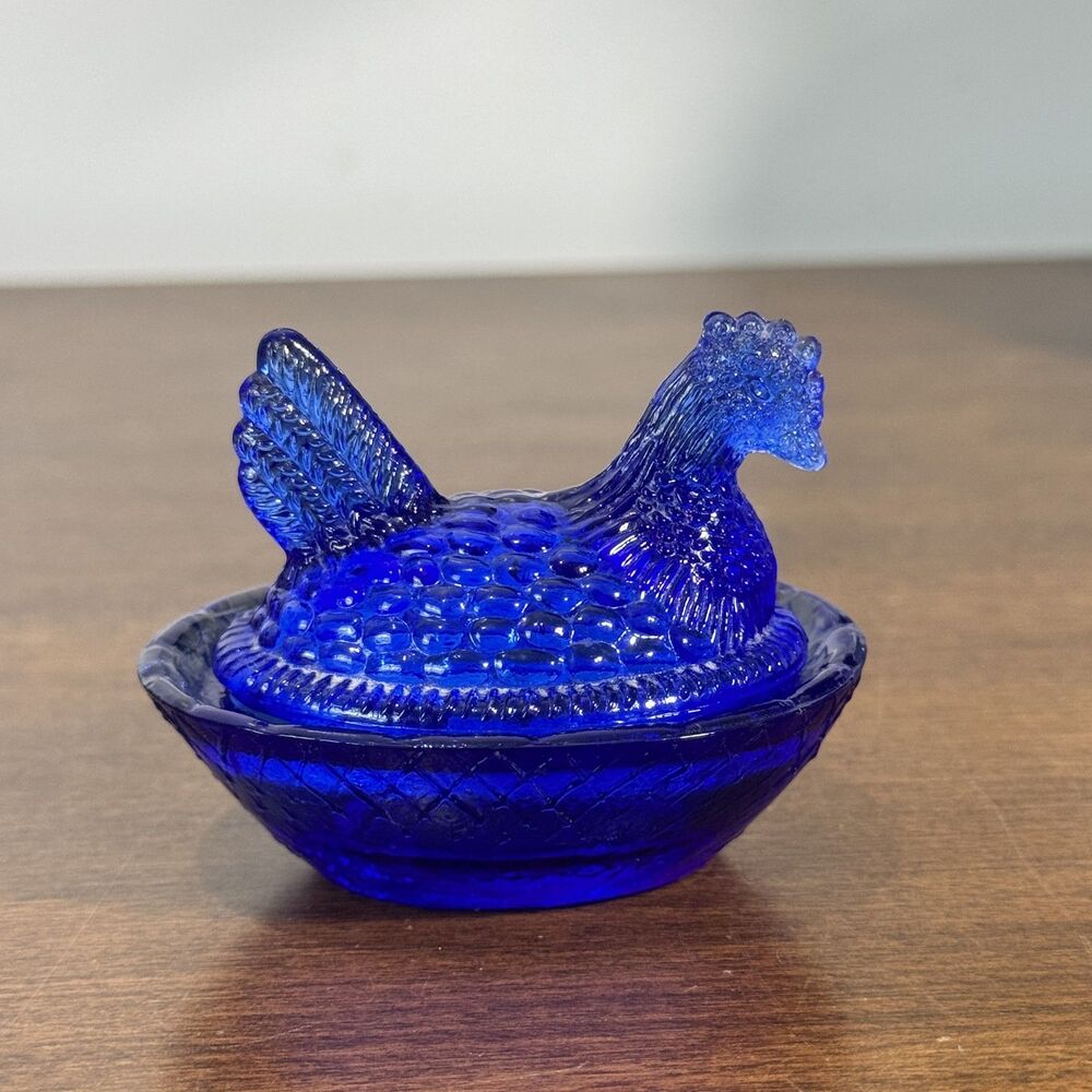 Vintage Cobalt Blue Glass Hen on Nest Covered Dish Candy Salt Cellar